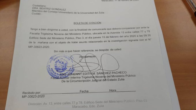 Funcionarios del equipo de Respuesta Especial (ERE), adscrito a la Gobernación del Zulia, entregan citación penal a autoridades y algunos decanos del Consejo Universitario de la Universidad del Zulia (LUZ). Escribió en Twitter la organización Aula Abierta.