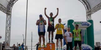 Ganadores al llegar a la meta de los 10K de la Media Maratón Ciudad de Maracaibo. Foto: Alcaldía de Maracaibo.